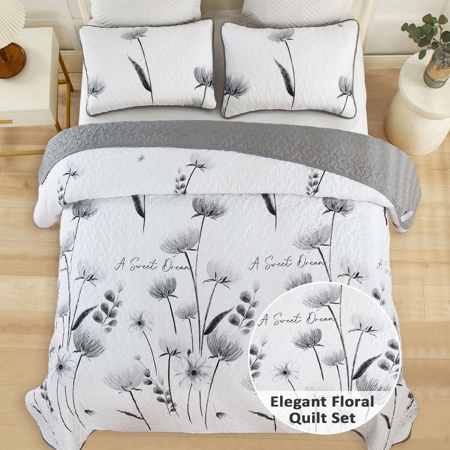 Dinjoy Floral Quilt Set Queen Size,Grey White Bedspread Coverlet Botanical 3 Pieces Fall Quilts Microfiber Lightweight Flower Bedspreads Soft Reversible Farmhouse Bed Cover for All Season(96"x90")