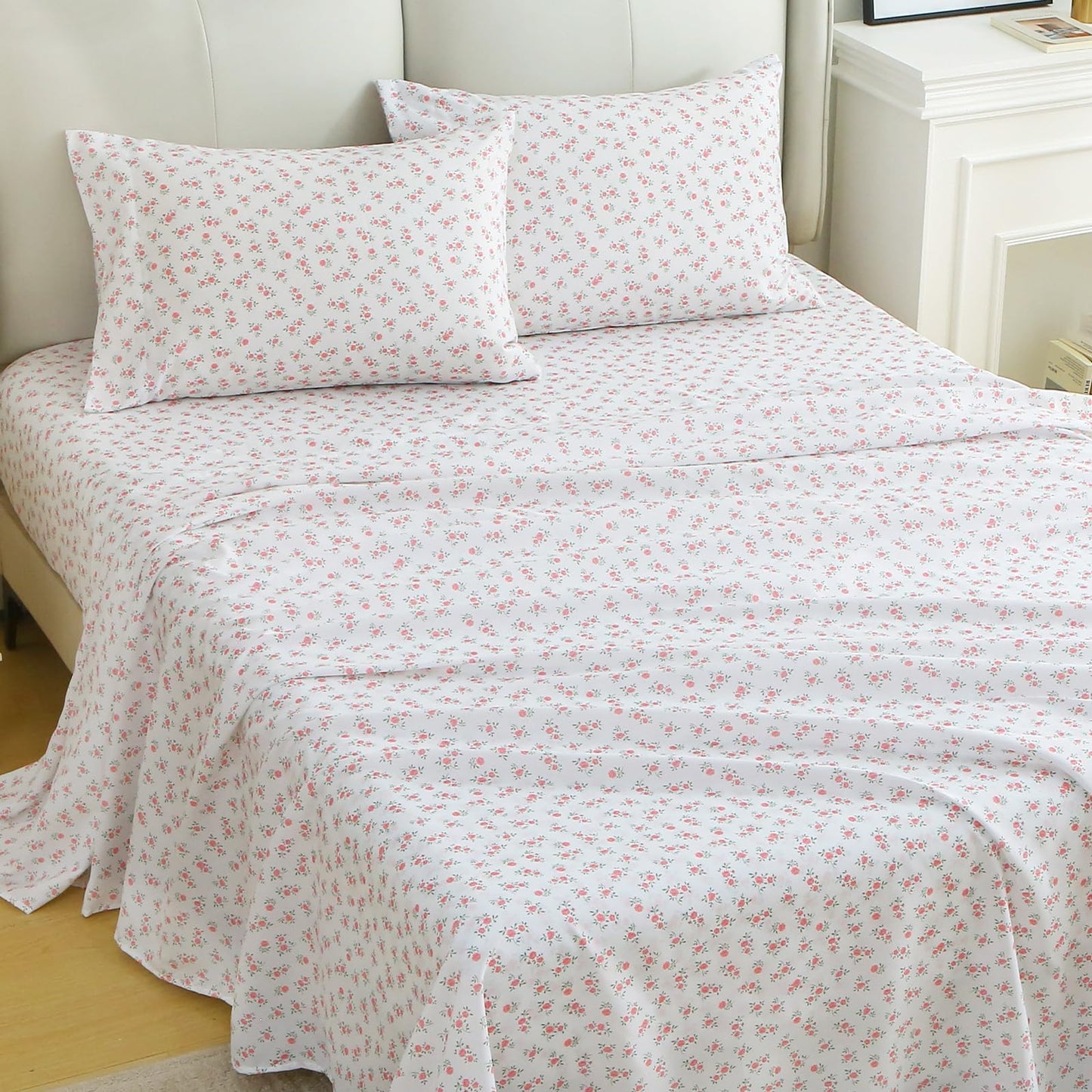 MUXHOMO Full Size 4 Piece Sheet Set, Soft Breathable Bed Sheet Set for Bedroom with Deep Pocket Up to 16", Wrinkle-Free & Cooling Bedding for Oeko-TEX Certified - Floral Pink