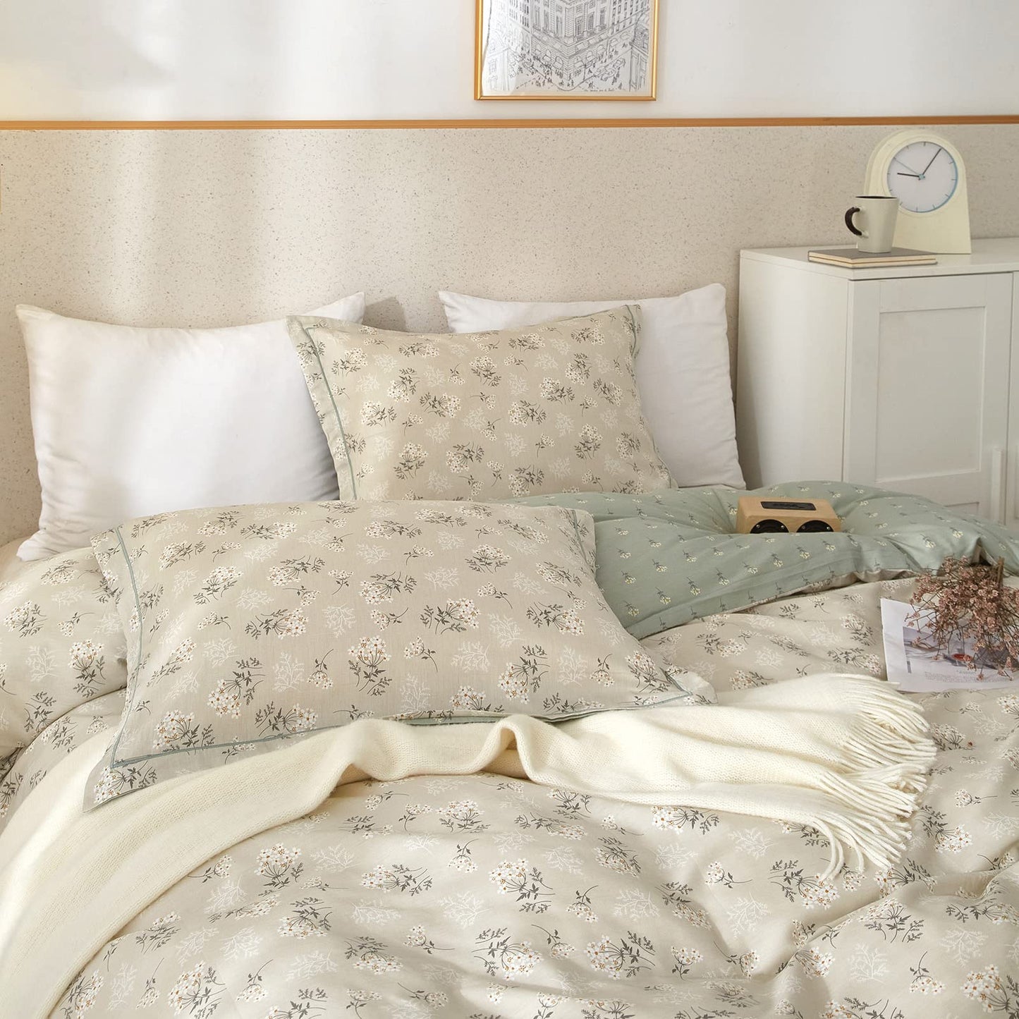VM VOUGEMARKET Garden Flower Duvet Cover Set Queen Cotton Aesthetic Bedding Set Reversible Duvet Cover with 2 Pillow Shams,Blooming Comforter Cover for Girls
