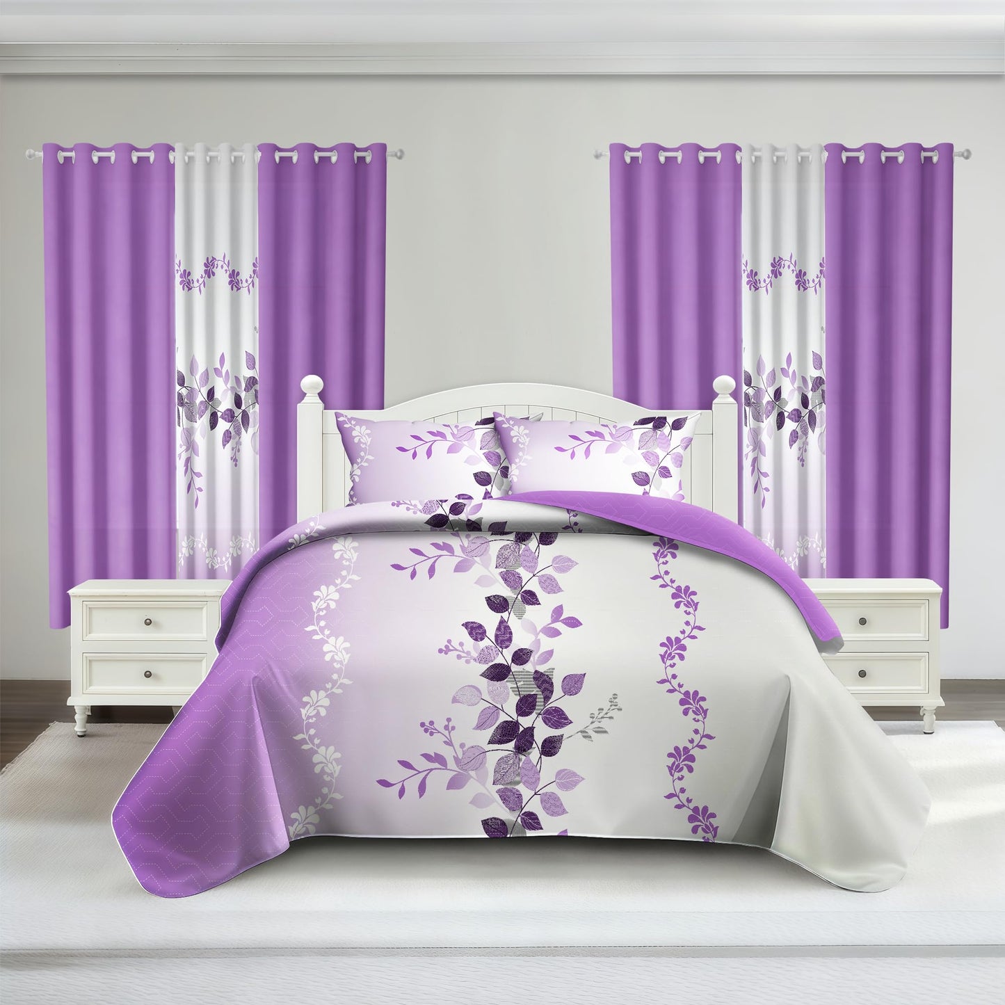 Deepsleep King Bedspread Set 9 Pieces, All Season Luxury Bed in a Bag for Bedroom, with 2 Pillowcases and 6 Curtains, Ultra-Soft Microfiber for Complete Bedroom Decor, Purple Flower