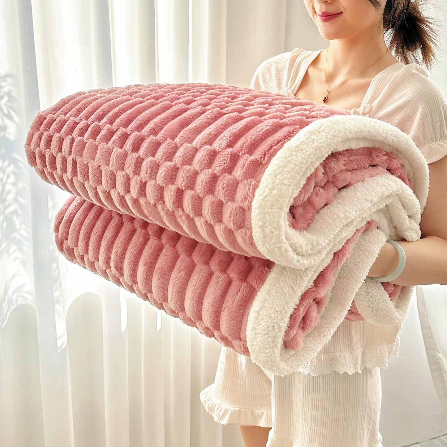UKELER Pink Sherpa Throw Blanket 60 × 80 inch, 470 GSM Striped Sherpa Fleece Blankets for All Season, Warm and Cozy Blanket for Couch Sofa Bed Office Camping