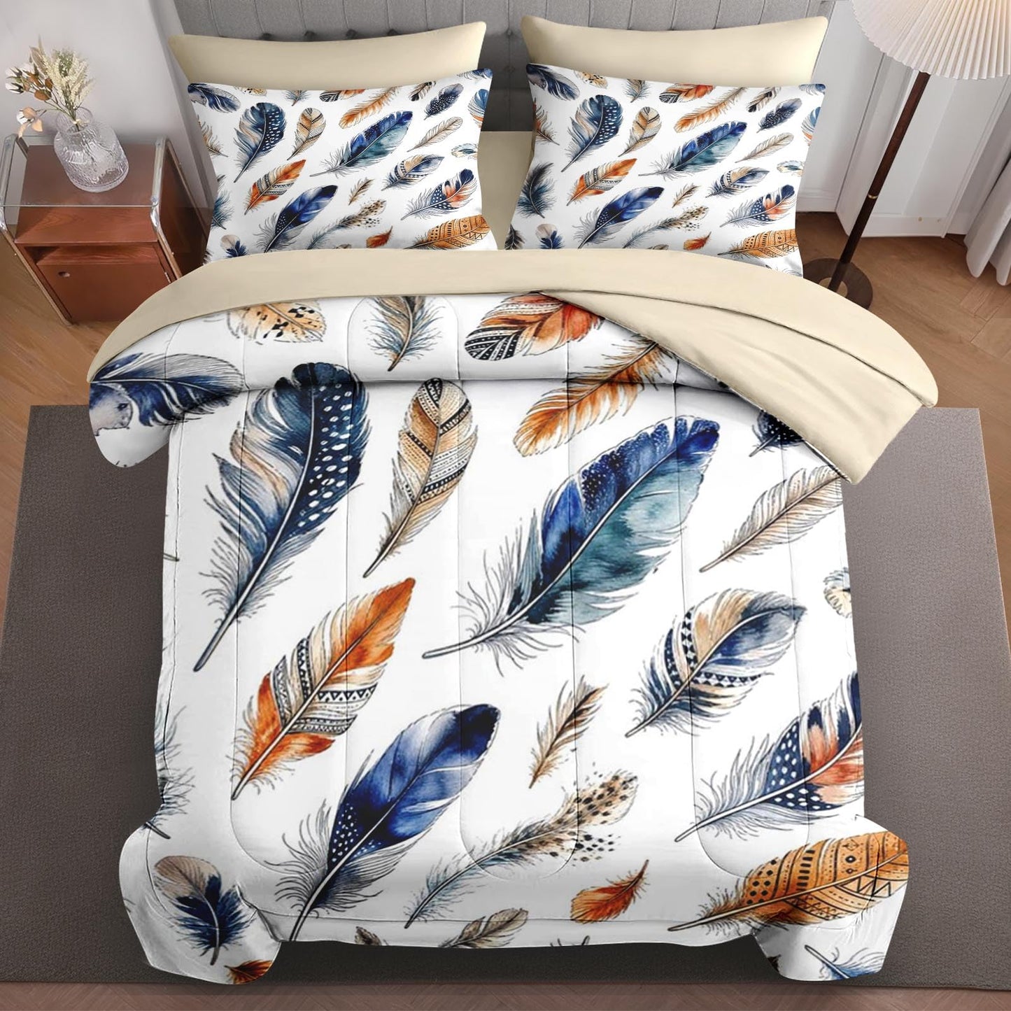 Boewywh Comforter Set Twin Size Feather Boho Western 7 Pcs, Bedding for Kids and Adults, Aztec Blue Bed Sheet Sets with Fitted Sheet 2 Pillowcases & 2 Shams for Bedroom Bed Decor