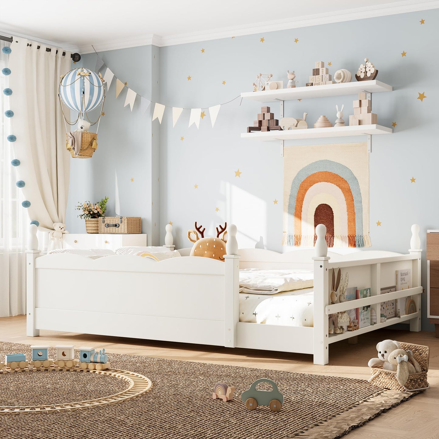 KEIKI Full Size Wood Montessori Floor Bed Frame with Beside Book Shelf, for Girls and Boys, Floor Bed with Full-Length Guardrails & Slats, Easy Assembly, No Box Spring Required, for Bedroom, Beige