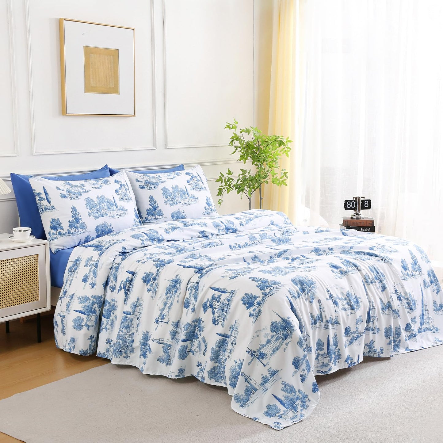 Botanical 6-Piece Full Size Sheets Set, Boho Floral Print Brushed Microfiber Sheets, Cooling Bed Sheet Set, Ultra Soft & Breathable, 16' Deep Pocket Fitted Sheet & Pillowcase Set, Blue Floral