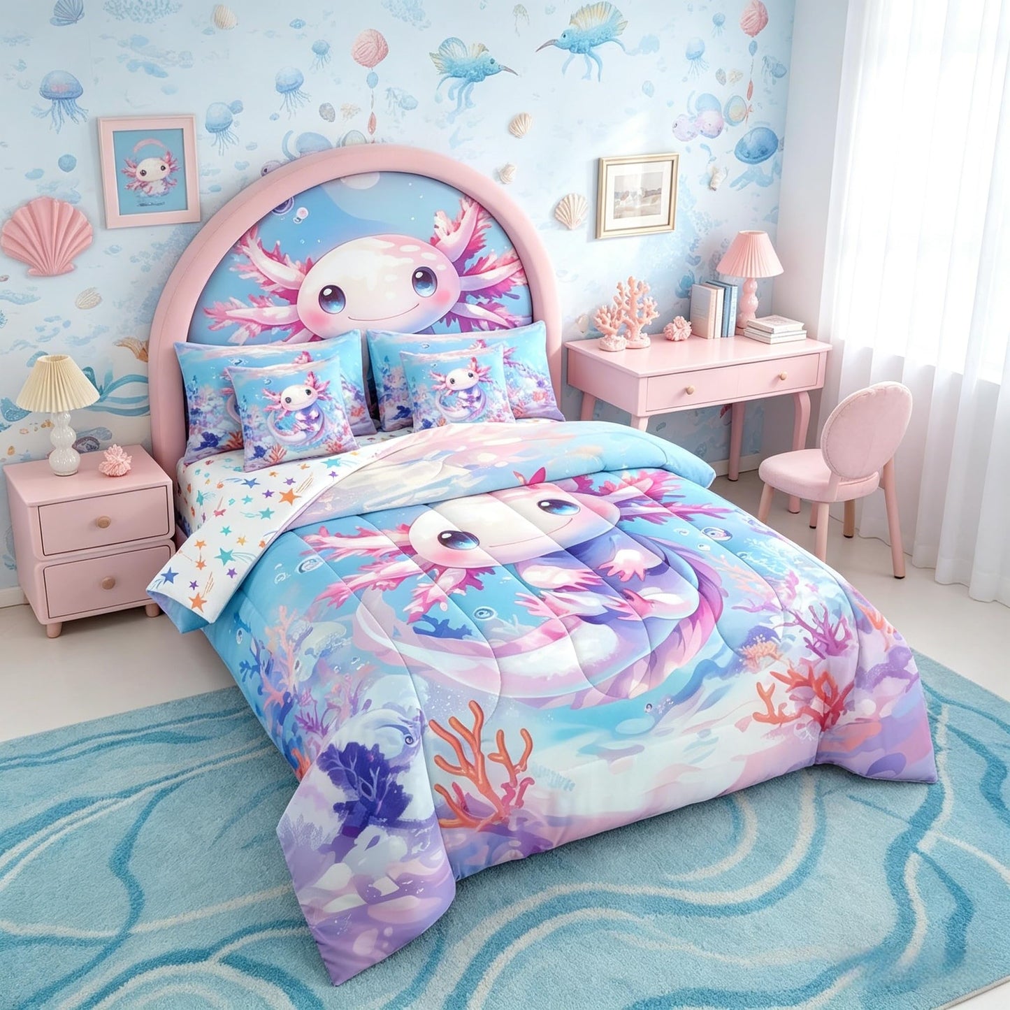 Erosebridal 7 Pieces Teen Girl Axolotl Bedding Set Queen Size - Kids Cute Axolotl Comforter Set with Sheets Cartoon Ocean Sealife Bed in A Bag with Flat Fitted Sheets Kawaii Salamander Bed Sets