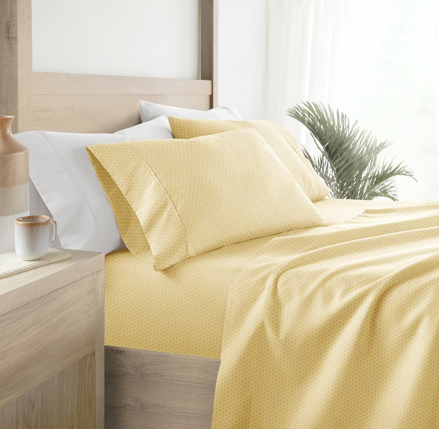 Linen Market Patterned Microfiber Queen Sheet Set 4 Piece – Oeko-TEX Certified Ultra Soft & Wrinkle-Free - 16" Deep Pocket Sheets - Easy Care Queen Size - Honeycomb Yellow