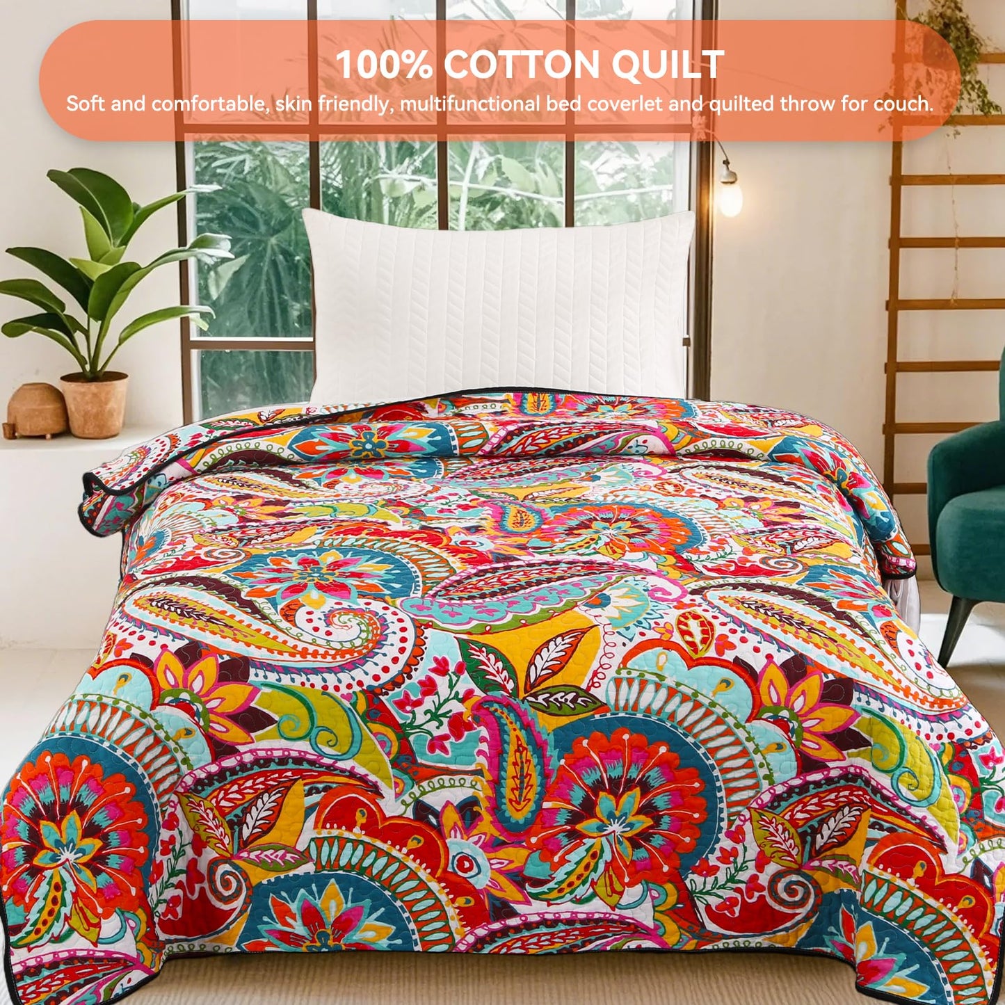 Qucover Cotton Quilted Throw Blanket, Soft Boho Quilt 59"x79", Bright Colorful Red, Orange, Pink and Blue Reversible Paisley Lightweight Quilts for Couch Sofa Beds