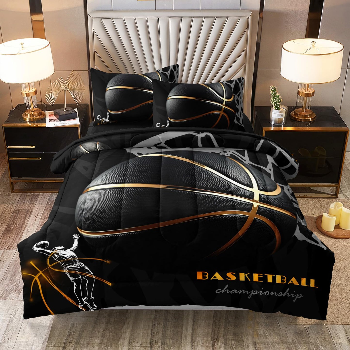 HICAND 5 Pcs Basketball Full Bedding Set for Boys Teens, Full Size Sports Cool Basketball Boys Comforter Set with Sheets