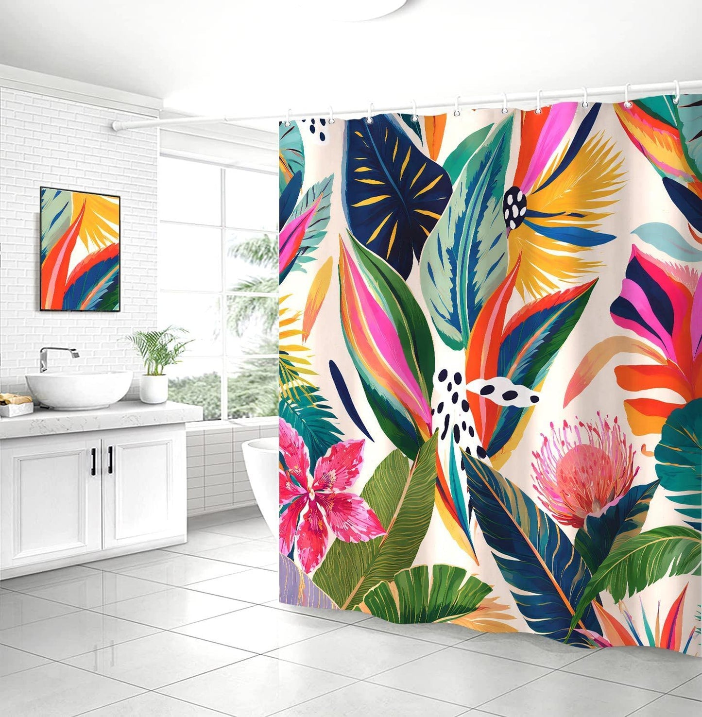 Hjokiupt Colorful Floral Shower Curtain, Boho Abstract Art Modern Asthetic Plant Leaf Bathroom Curtains, Waterproof Polyester Fabric Accessories Bath Curtain with Hooks 72x72 Inch