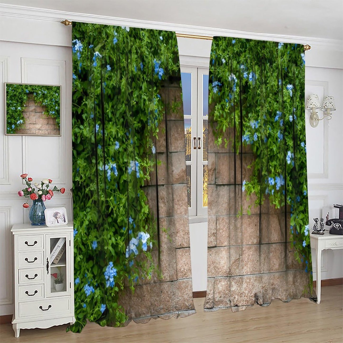 Stone Brick Wall Blackout Curtain,Retro Rocks Stone Wall Green Leaves Nature Scenery Rod Pocket Drapes Treatments Window Curtains for Kitchen Living Room Office Cafe Decor 21"W x 45"L (Pack of 2)
