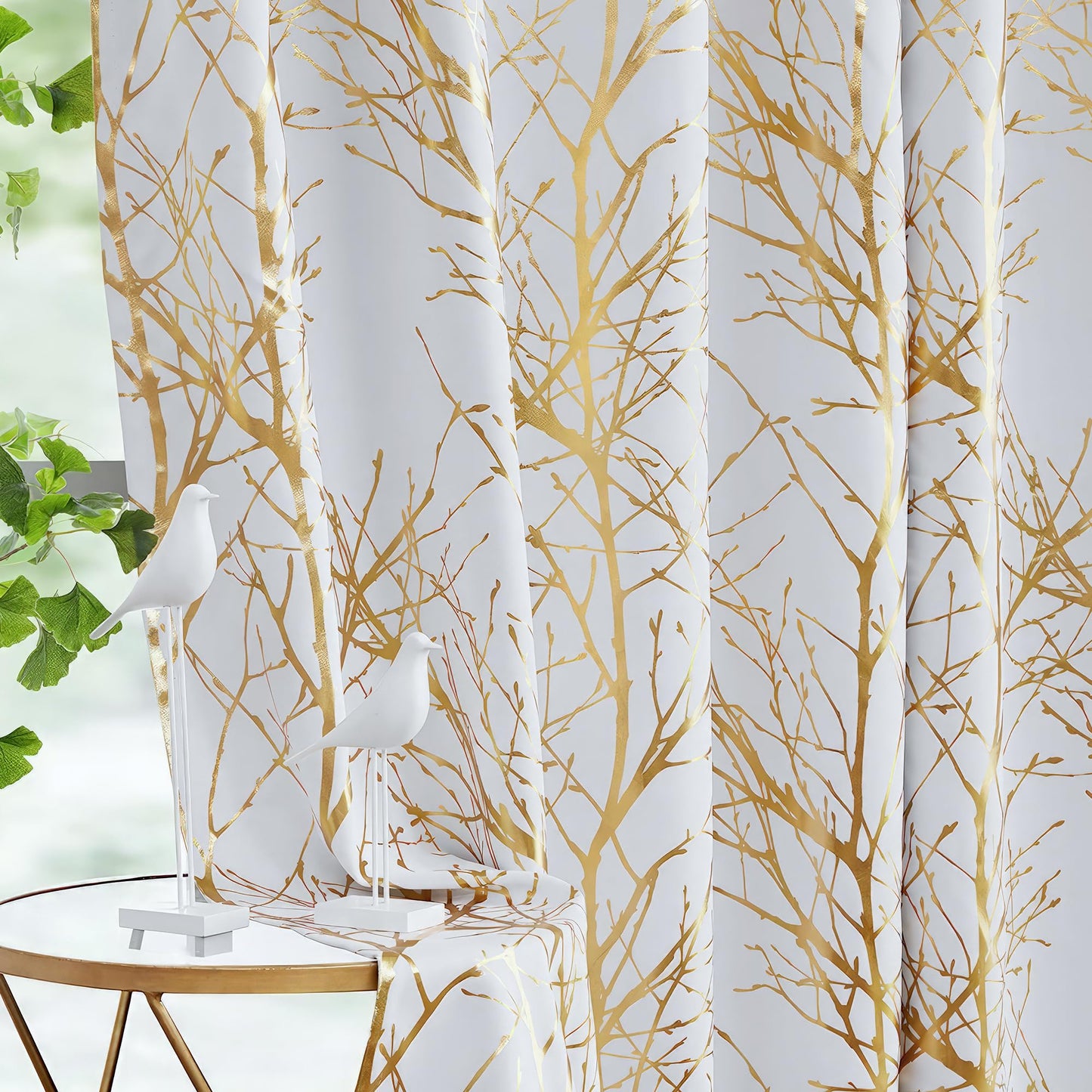 FMFUNCTEX 100% Blackout Curtains White Gold Tree for Living Room, Curtains 84 Inches Long Foil Branch Patterned Panels for Bedroom, Thermal Insulated Drapes for Home Office Grommet Top 2 Panels
