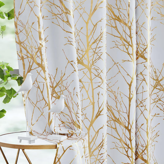 FMFUNCTEX 100% Blackout Curtains White Gold Tree for Living Room, Curtains 84 Inches Long Foil Branch Patterned Panels for Bedroom, Thermal Insulated Drapes for Home Office Grommet Top 2 Panels