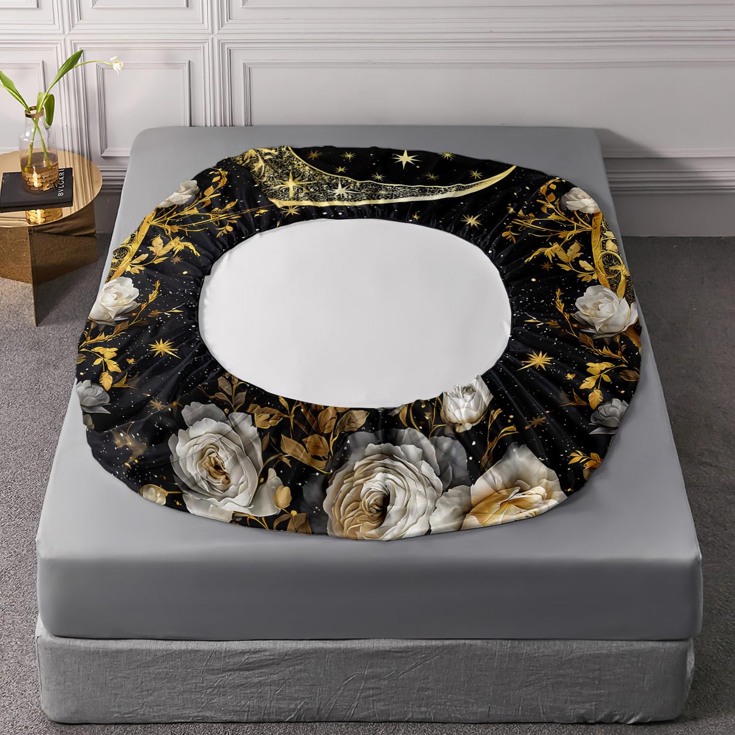 HOSIMA Death Skull Head Twin Fitted Sheet,Moon and Flowers Printed Gothic Bedding for Boys Girls Room Decor,Glowing Stars Aesthetic Background Pattern Halloween Bedding,1 Fitted Sheet+2 Pillowcases.