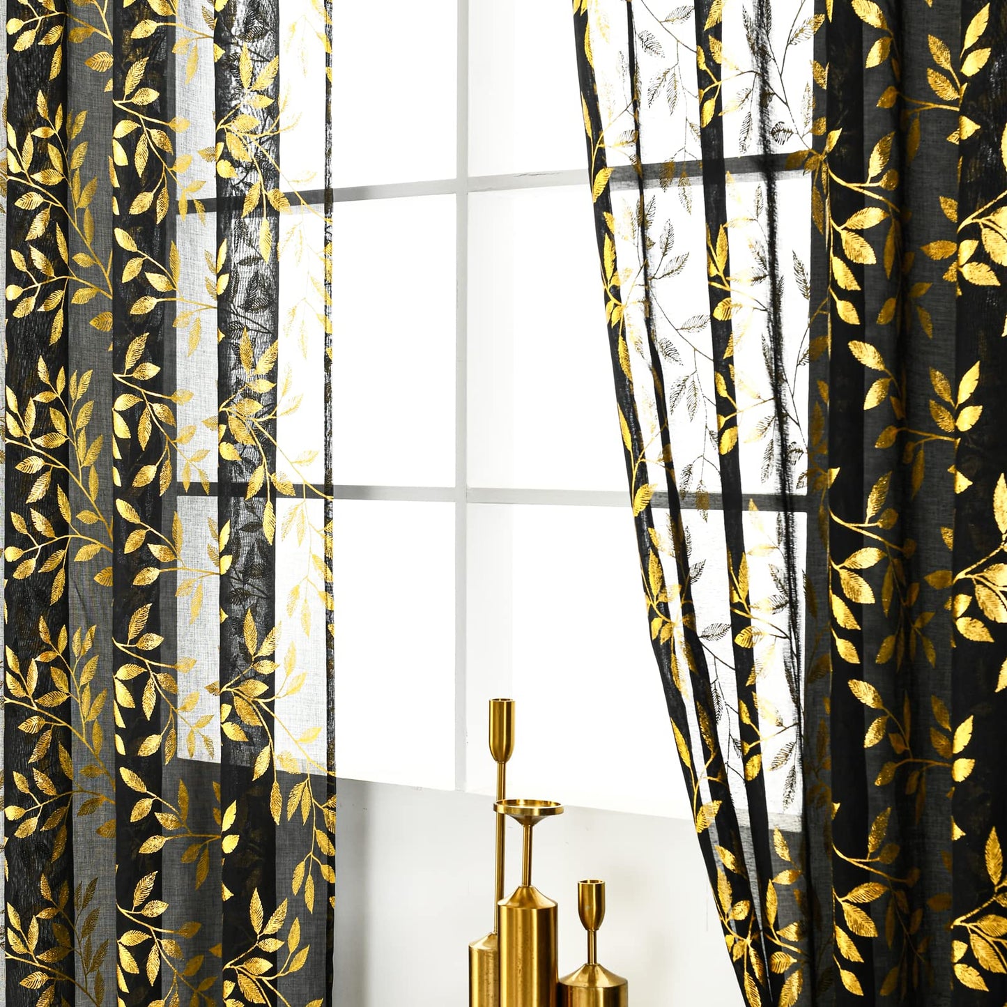 Deeprove Black Sheer Curtains 84 Inch Length 2 Panels Set, Gold Foil Metallic Branch Vine Leaves Print Window Treatments for Bedroom Halloween Decor, Bronzing Drapes Pair Rod Pocket 52" W x 84" L