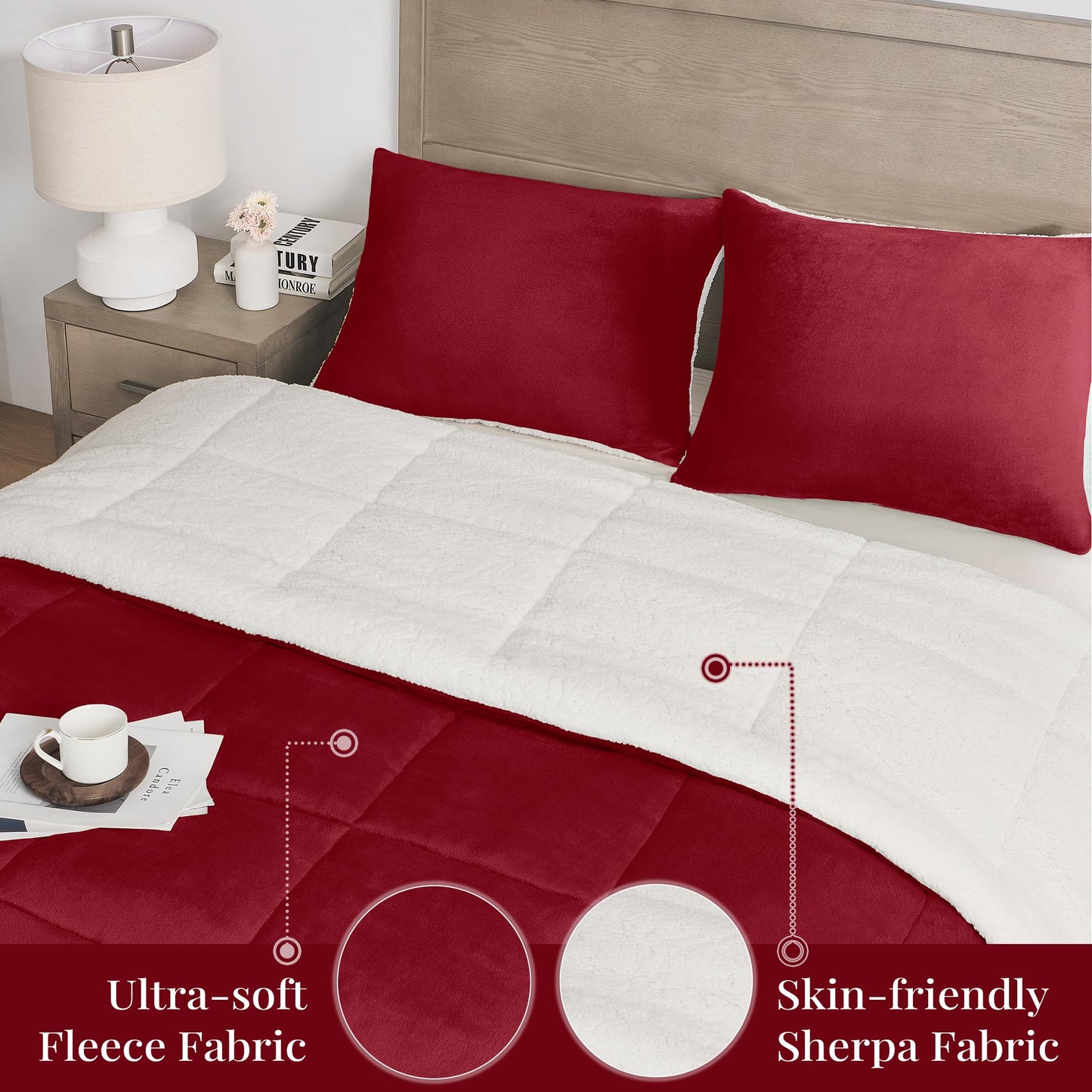 Basic Beyond King Size Comforter Set - Thick Fleece Sherpa Comforter Set for Winter, Soft and Fuzzy Bedding, Red, 104"x88"