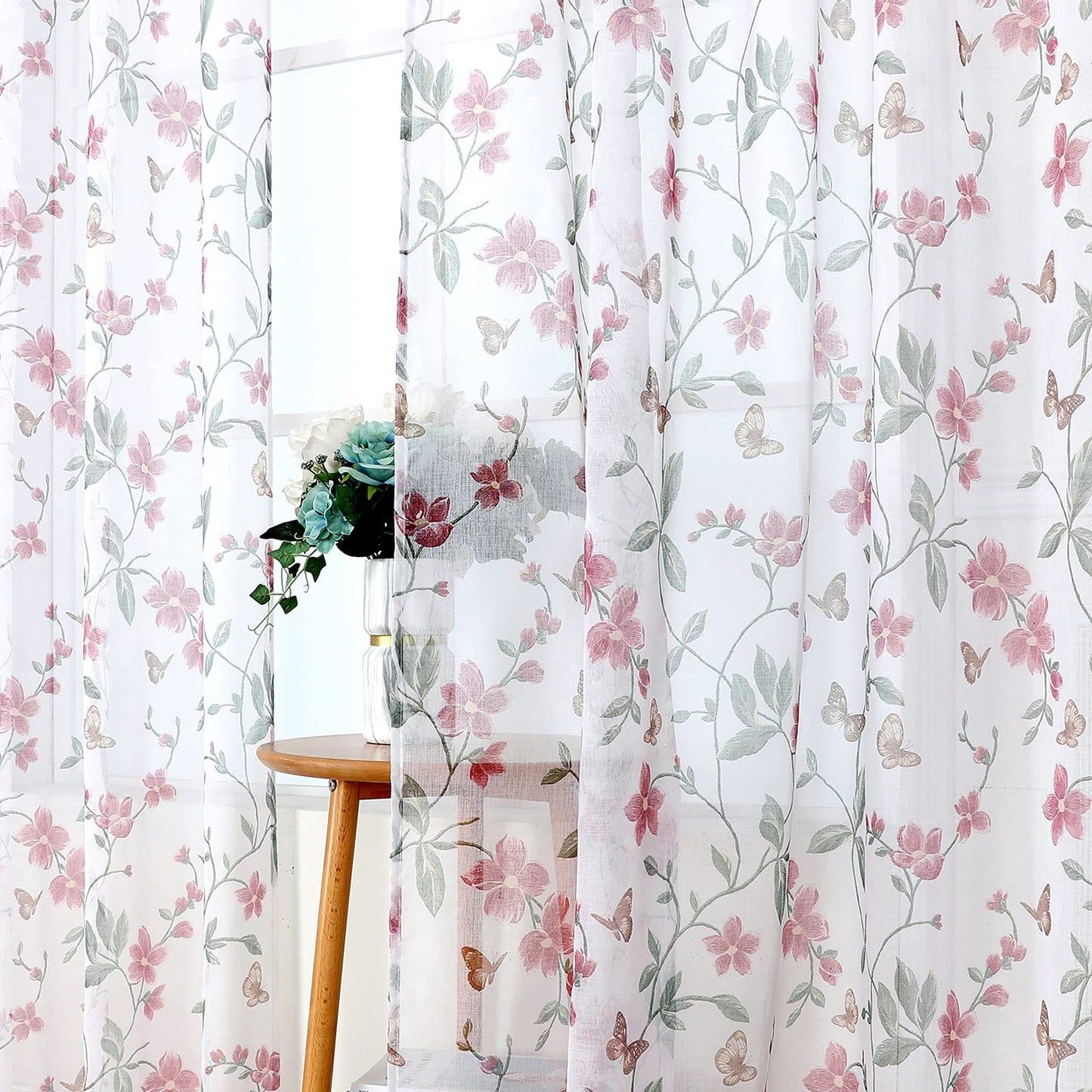 Tollpiz Sheer Floral Curtain Pink Flower Butterfly Printed Bedroom Curtains Rod Pocket Voile Faux Linen Window Curtain for Living Room, 54 x 84 inches Long, Set of 2 Panels