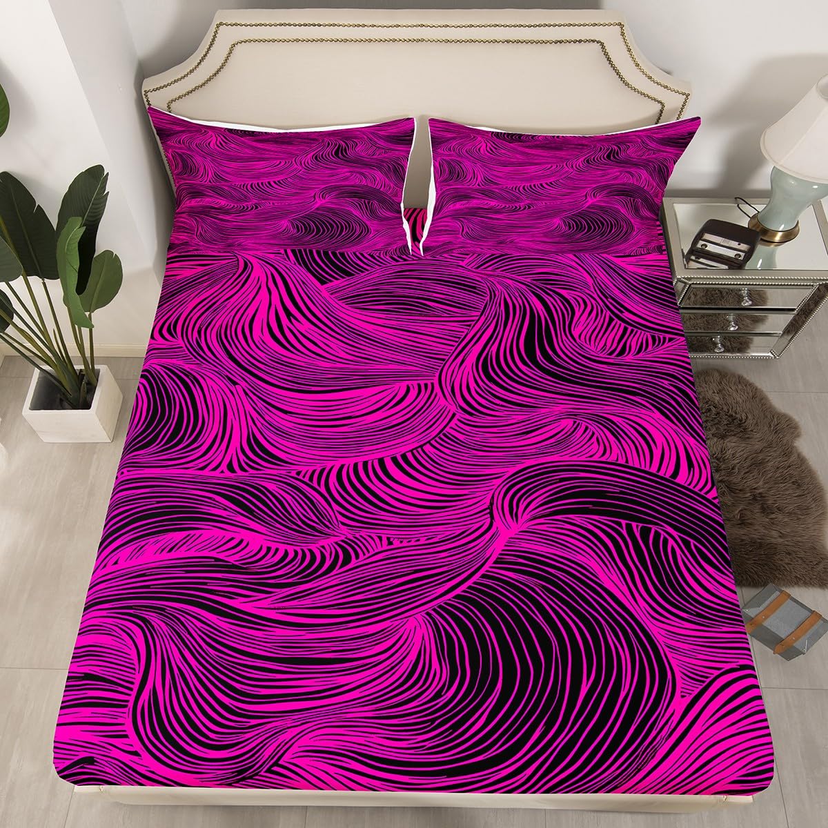 Feelyou Hot Pink Stripes Bed Sheets Set Geometric Sheet Set for Kids Boys Girls Teens Zebra Room Decor Abstract Art Sheets with Deep Pocket Fitted Sheet Queen Size Modern Striped Art Bedding Set 4Pcs