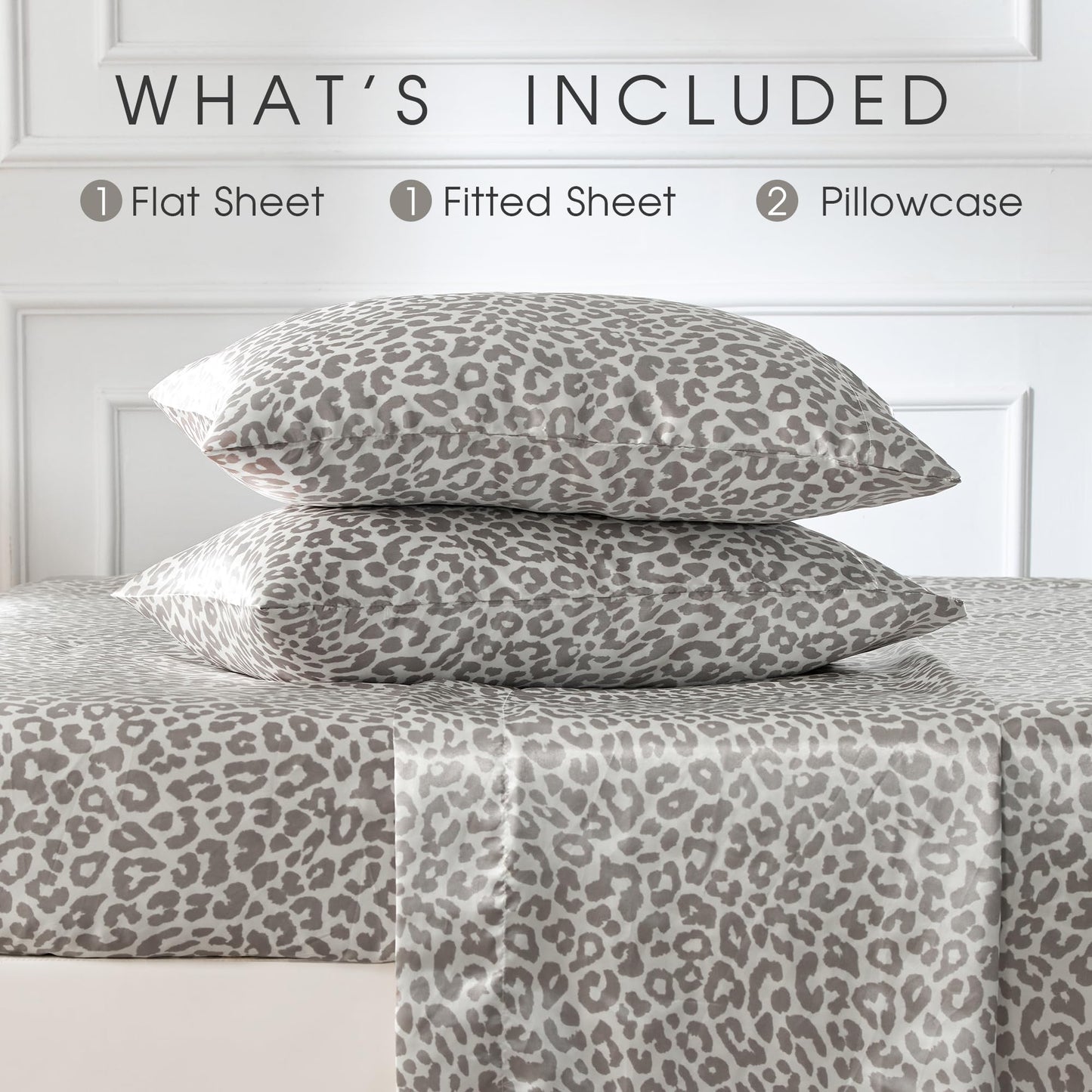 FreshCulture Satin Sheets Full Size - 4 Piece Luxury Soft Silky Full Size Bed Sheets, Similar to Silk Bed Sheet Set with 1 Deep Pocket Fitted Sheet, 1 Flat Sheet & 2 Pillowcases (Leopard)