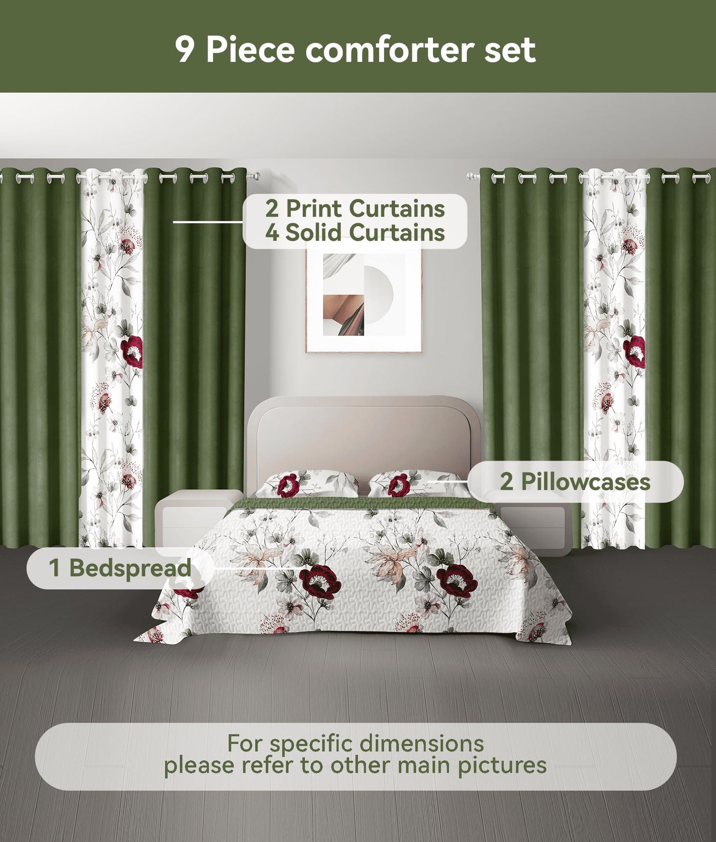 CozyCreatures Vintage Boho Dark Green King Light Comforter Set, 9-Piece Bed in a Bag with Curtains, Brushed Microfiber Bedspread Set with Matching Curtains for Master Bedroom, Machine Washable