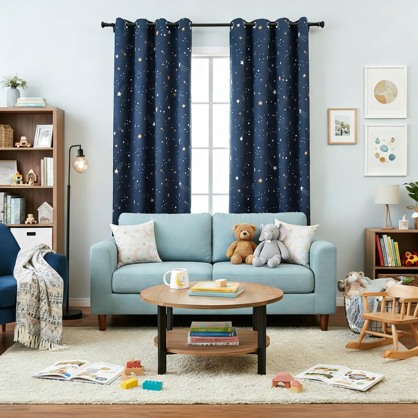 L.Z.E Navy Blue Kids Blackout Curtains 96 Inch for Boys Bedroom, 85% Light Blocking Grommet Top Dark Blue Galaxy Printed Nursery Thermal Noise Reducing Insulated Window Drapes 2 Panels