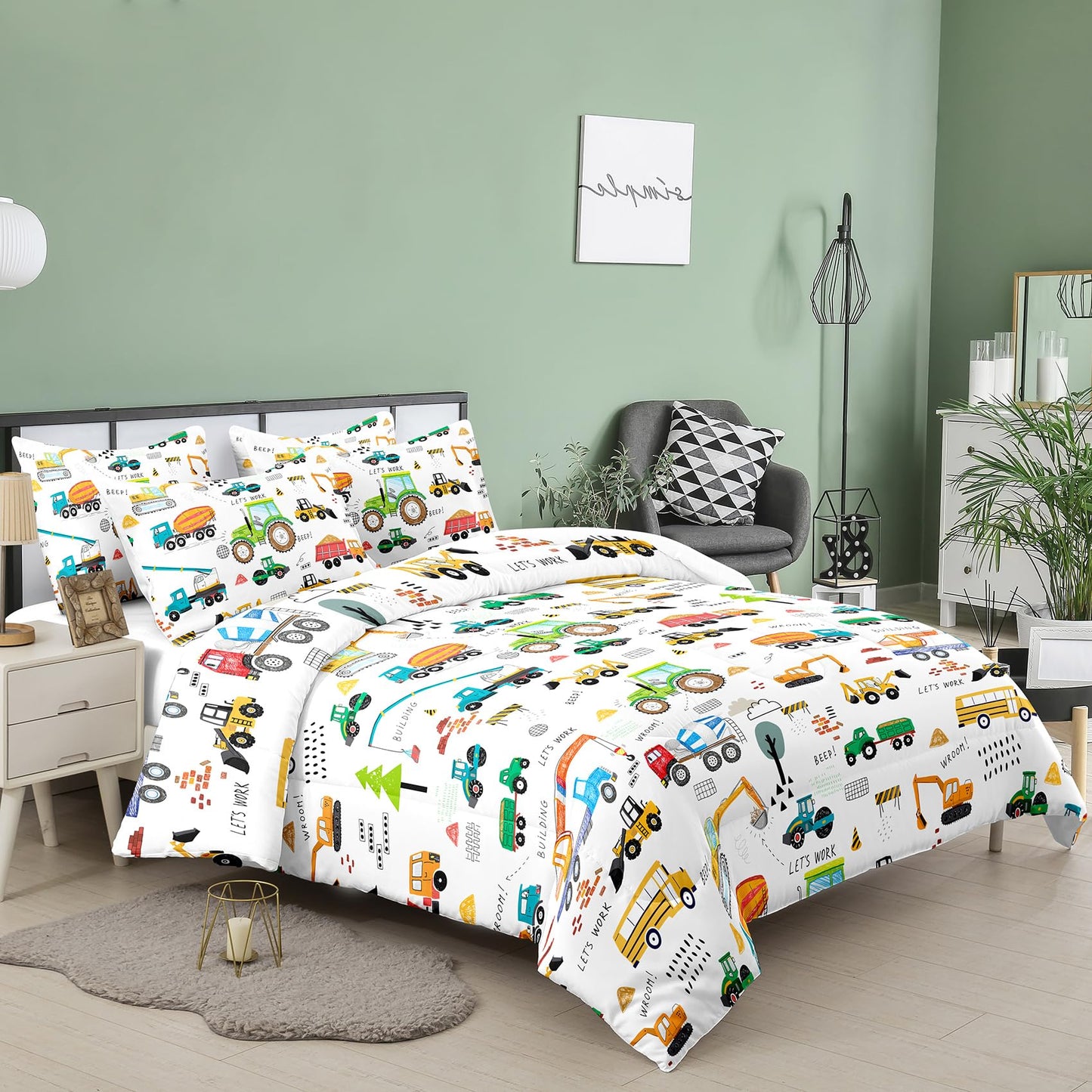 Peopleareok Construction Comforter Set Twin (68x86 Inch), 2 Pieces Construction Excavator Tractor Bedding Sets for Boys Toddler Children, Super Soft Microfiber Comforter with 1 Pillowcase