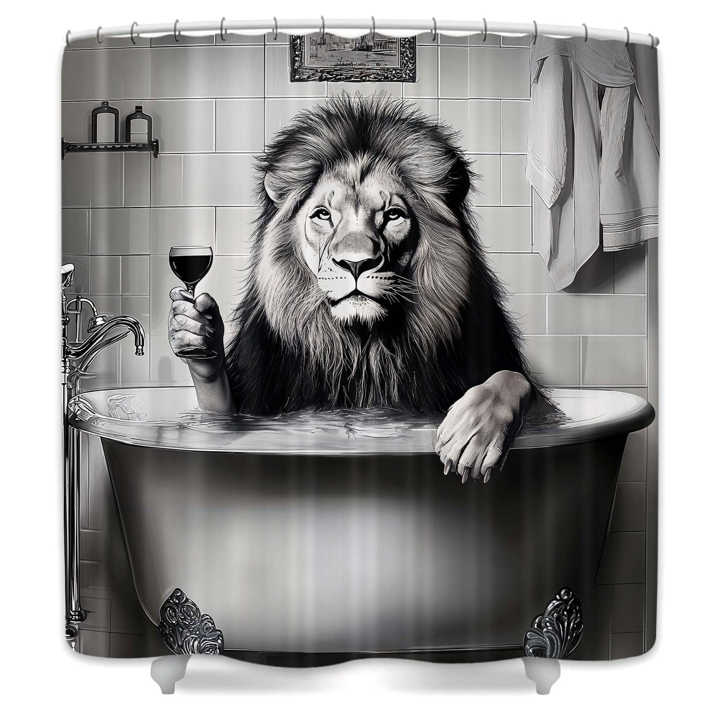 Grtuspr Funny Lion Shower Curtain, Black White Wildlife Animal Boys Men Gray Shower Curtains, Fun Lion Modern Bath Decoration Waterproof Polyester Fabric Shower Curtain Sets with 12 Hooks