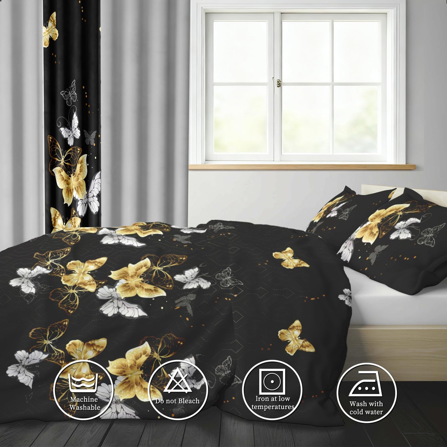 Deepsleep King Bedspread Set 9 Pieces, All Season Luxury Bed in a Bag for Bedroom, with 2 Pillowcases and 6 Curtains, Ultra-Soft Microfiber for Complete Bedroom Decor, Black Gold Butterfly