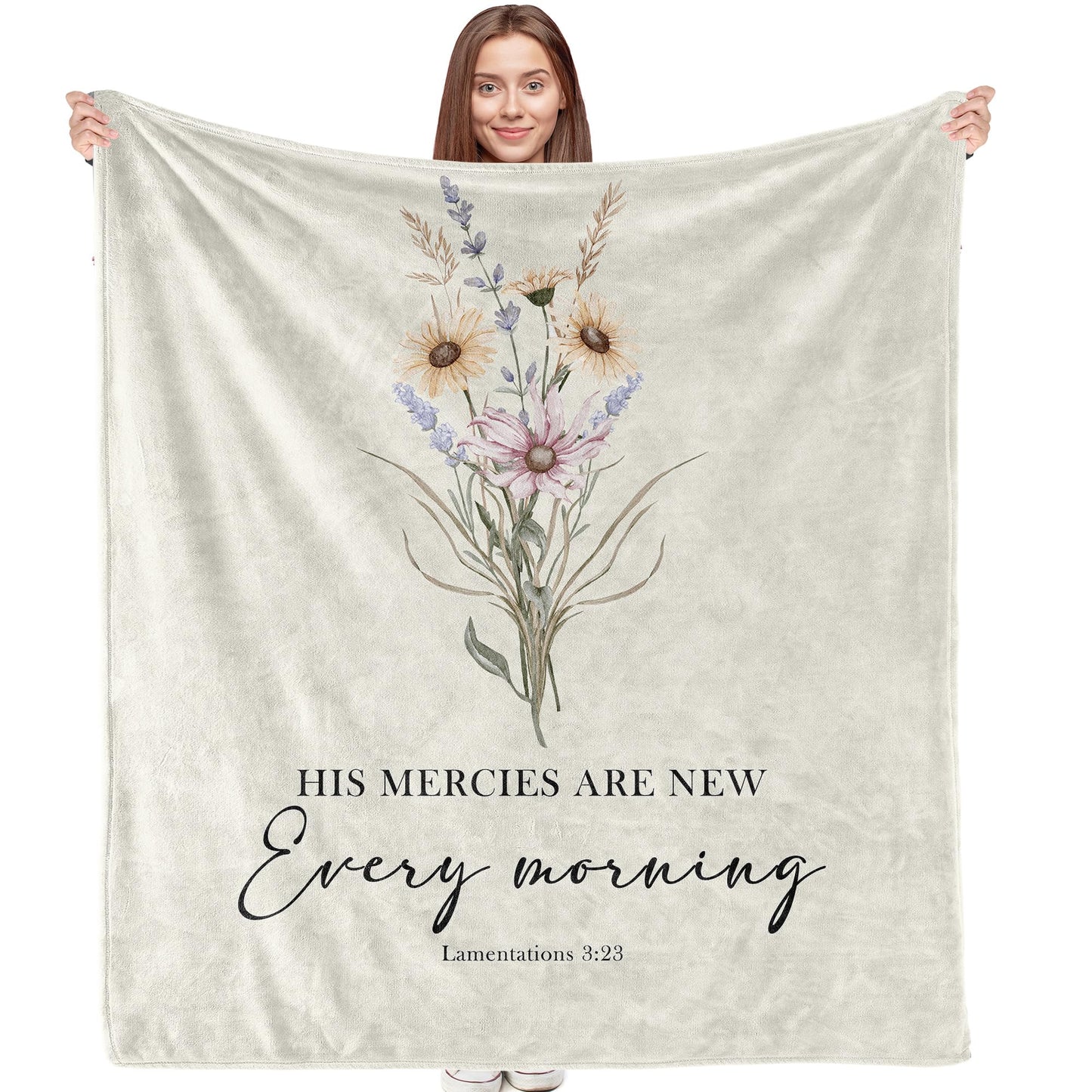 VRW His Mercies are New Every Morning Christian Blanket, Boho Floral Christian Bible Verse Flannel Throw Blankets for Women, Religious Prayer Hug Blankets for Bedroom Living Room Couch Sofa,50x60 Inch