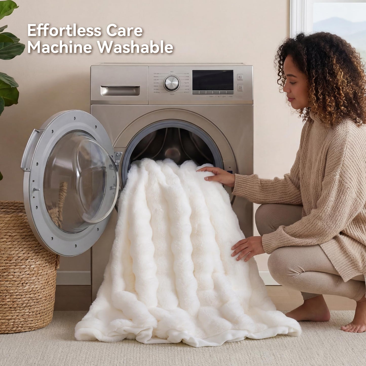 Smoofy Faux Fur Throw Blanket for Couch - Cream White Super Soft Cozy Bubble Blanket, Fluffy Plush Fuzzy Throw for Sofa & Bed, Thick Lightweight Warm Blanket, Luxury Aesthetic Gift for Women 50"x60"