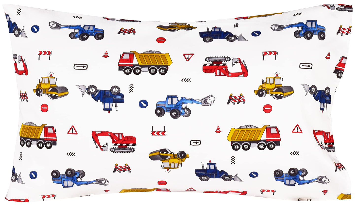 J-pinno Building Construction Car Truck Digger Transport Vehicle Twin 100% Cotton 3 Pieces Sheet Set for Kids Girls Children, Flat Sheet + Fitted Sheet + Pillowcase Bedding Decoration Gift Set