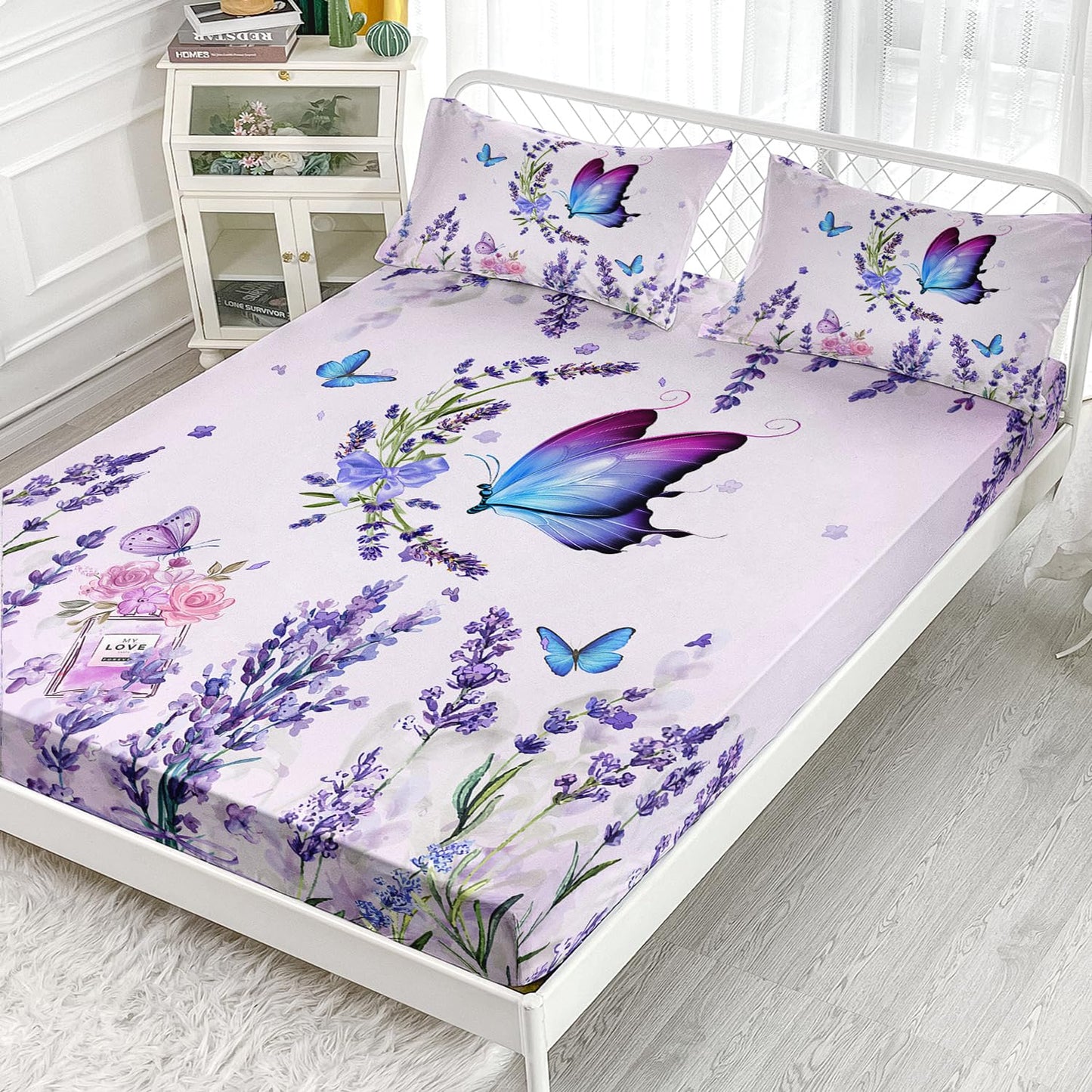 AILONEN Purple Butterfly Fitted Sheet Full Size, Blossoming Lavender Floral Bedding Set- Flying Butterfly Bring Flowers Book Print Bed Sheet 3 Pieces Set, 1 Fitted Sheet and 2 Pillowcases