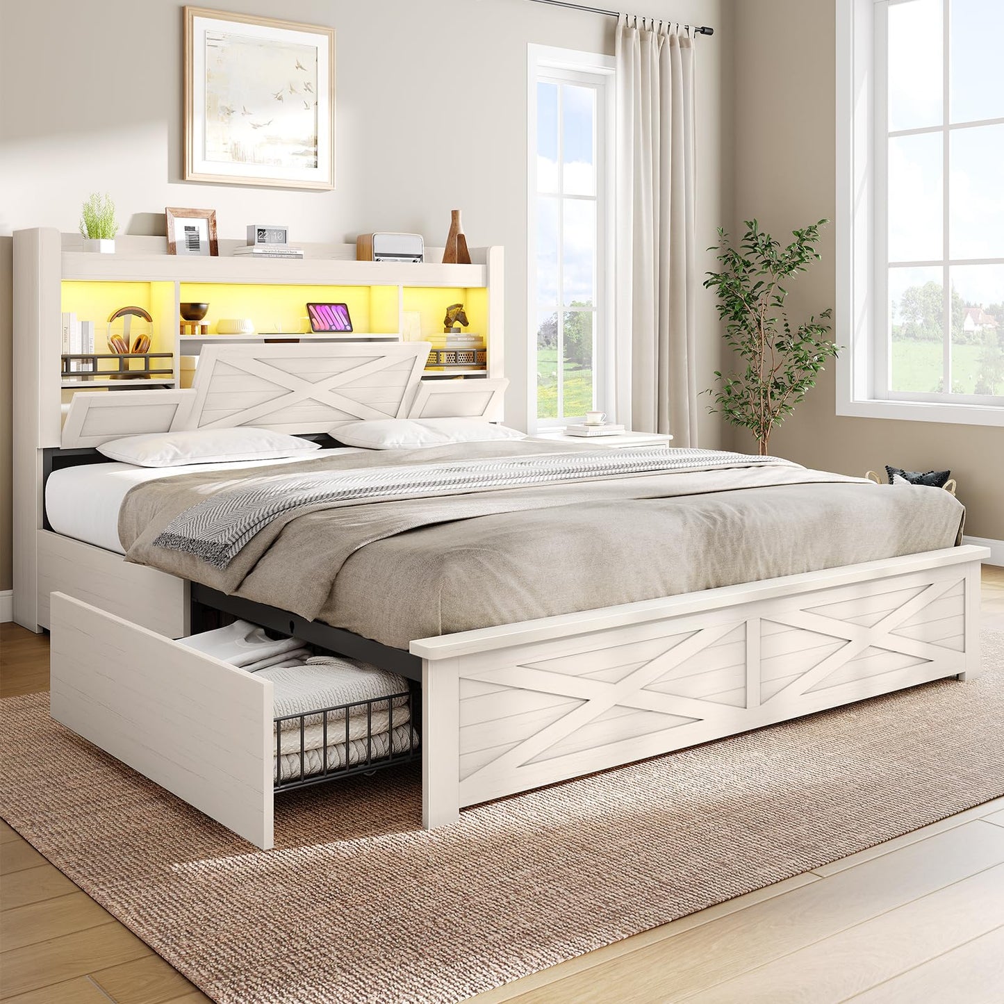 VIAGDO Farmhouse Full Size Bed Frame with Flip-Down Bookcase Storage Headboard and 4 Drawers, Rustic Wood Platform Bed Frame Full Size with Charging Station and LED Lights, No Box Spring Needed, White
