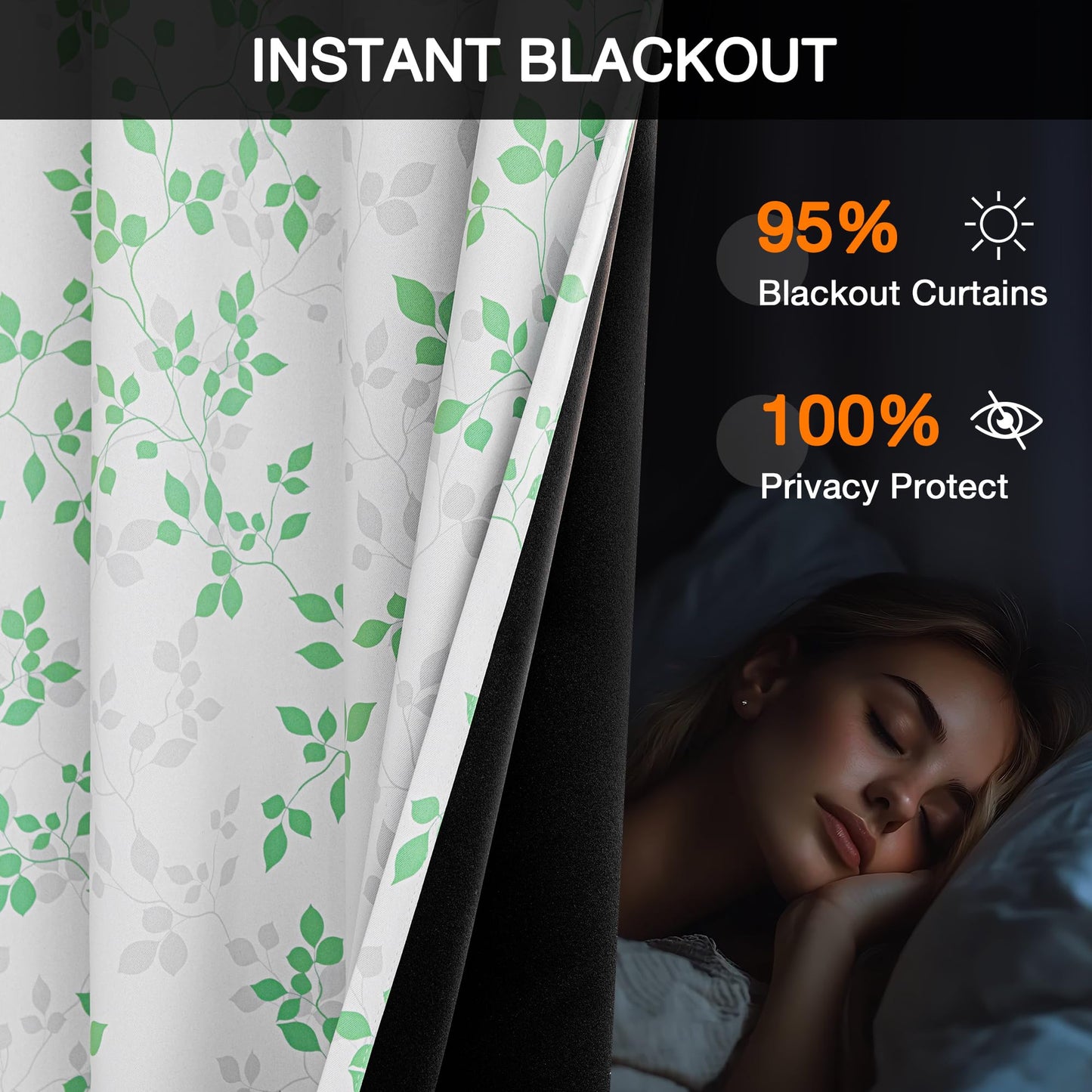 MEETSKY 95% Blackout Curtains for Bedroom, Green and Grey Leaf Curtains 84 Inches Long 2 Panels, Patterned Curtain Living Room Thermal Insulated Room Darkening Grommet Drapes, Each Panel 52" W