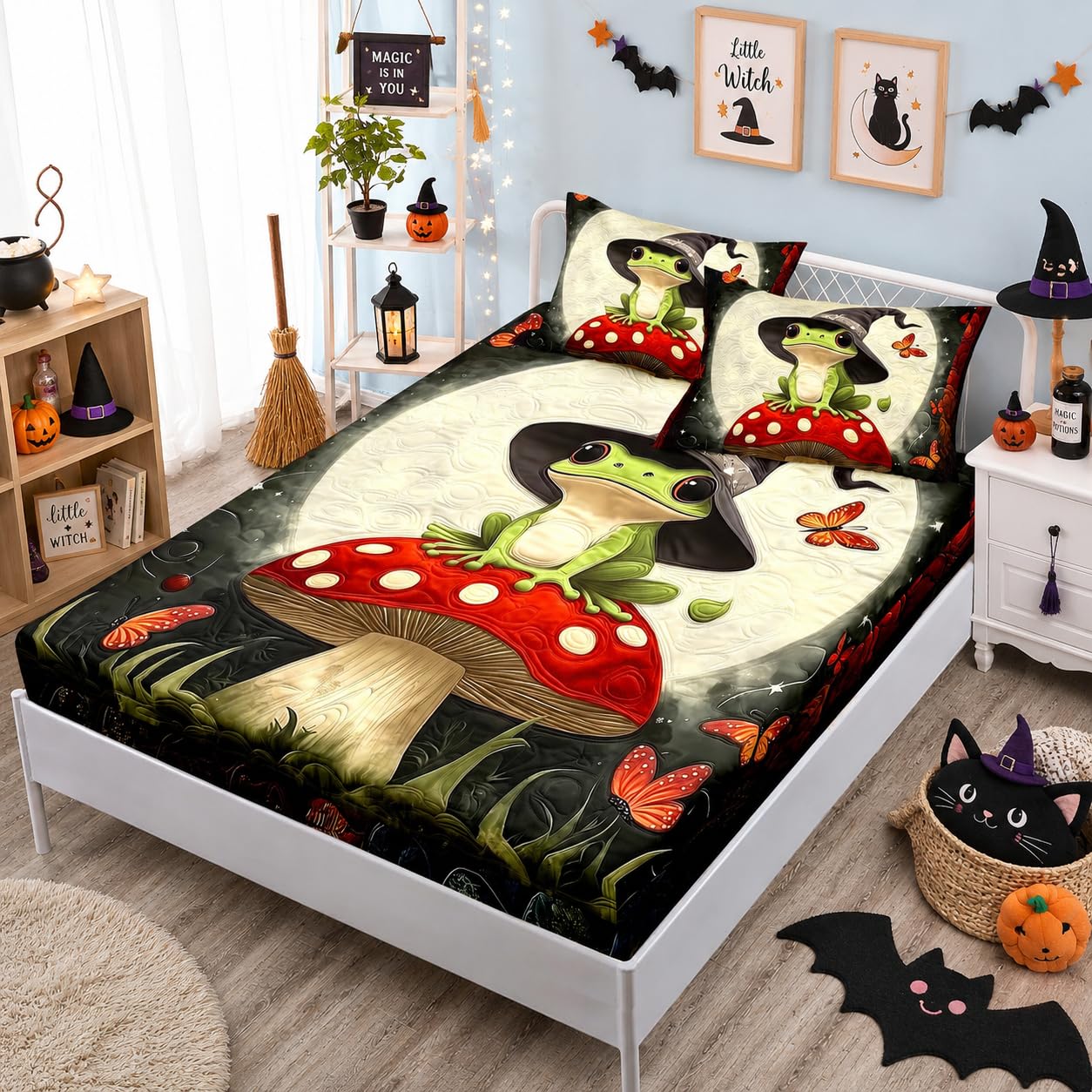 HOSIMA Frog Twin Fitted Sheet,Frog Wearing Witch Hat Sitting on Mushroom,Butterfly Pattern Aesthetic Cute Bedding for Kids Boys Girls Halloween Room Decor,1 Fitted Sheet+2 Pillowcases.