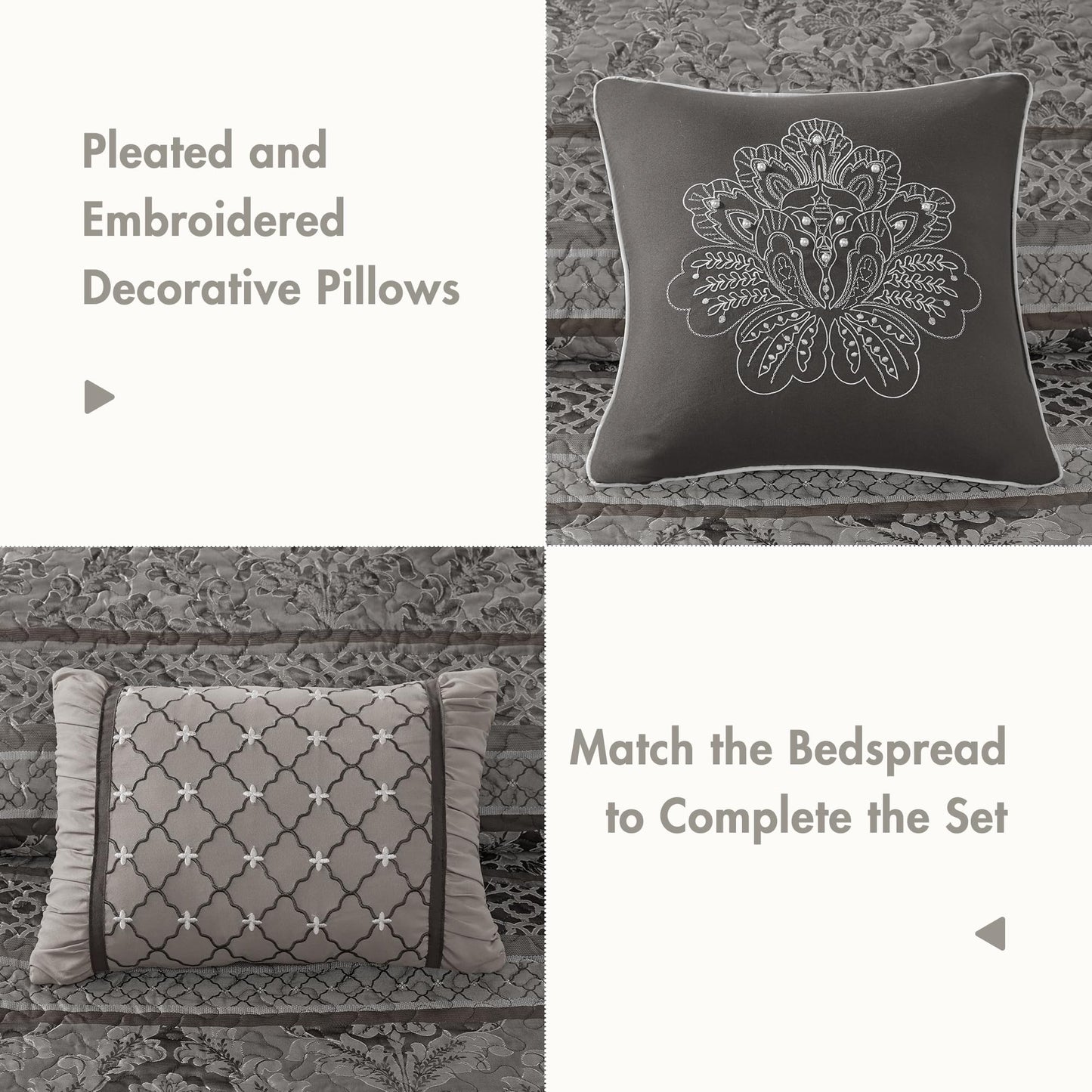 Madison Park Traditional Damask Design All Season, Lightweight Coverlet Bedspread Bedding Set, Matching Shams, Pillows, (120"x118"), Bellagio, Jacquard Grey, 5 Piece