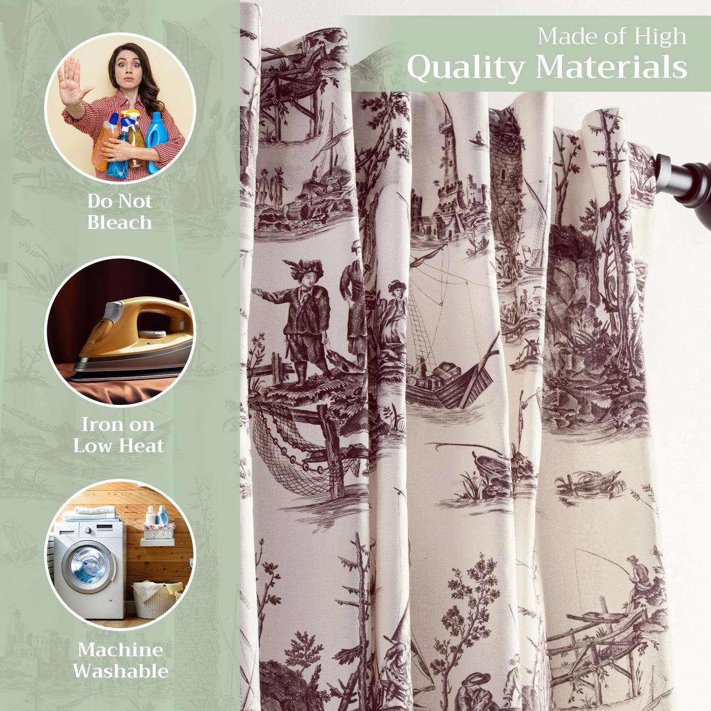 Maison d' Hermine Curtains for Living Room 100% Cotton 96 inch Length One Panel Light Filtering Toile Curtains for Bedroom Windows with Rod and Loop Pockets Drapes (Calais Charcoal, 50" W x 96" L)