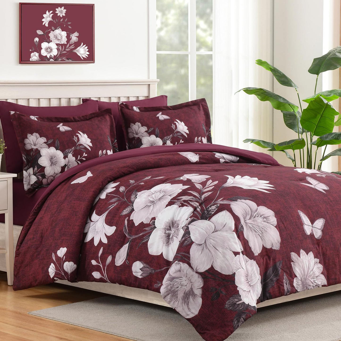 DHSFKBE Floral Comforter Set Queen Size, 7 Pieces Burgundy Bed in a Bag, Elegant Floral Butterfly Comforter and Sheet Set, Soft Microfiber Bedding Set for All Seasons(Burgundy,90"x90")