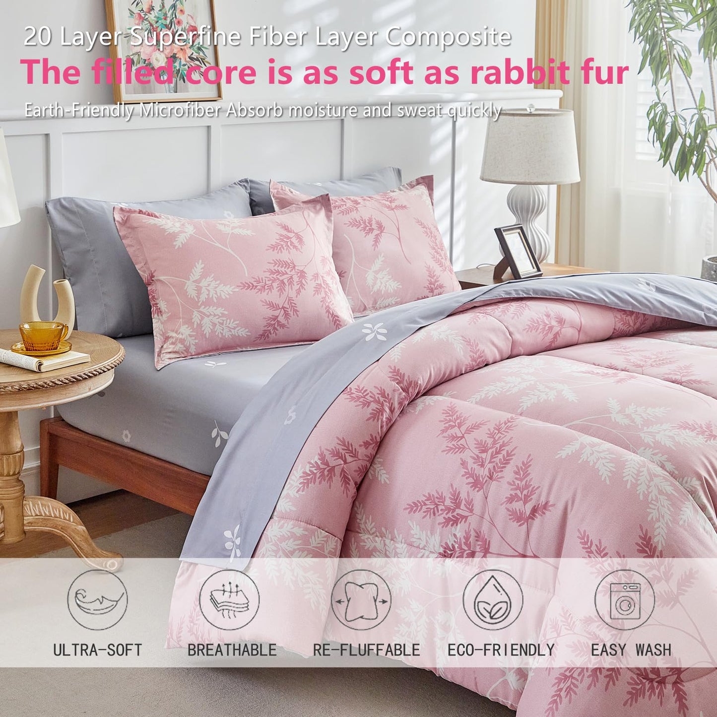 AIKASY Pink Queen Comforter Set with Sheets,Bed in a Bag 7-Pieces,Palm Tree Totem Printing Design,Ultra Soft Down Alternative All Season Bedding Set(Queen, Pink)