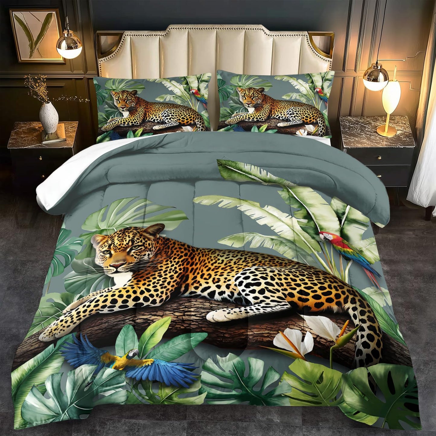 llyxsesty Animal Leopard Print Comforter Set King Animal Cheetah Print Comforter Set Boys Girls Floral Leopard Bedding Bedroom Decor Floral Cheetah Bedding King Jungle Plant Room Decor