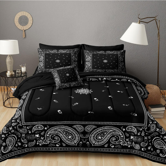 MOVE OVER Paisley Comforter Set King Size 8 Pieces Bed in a Bag Black Comforter King Bohemian Style Black and White Bedding Set Vintage Boho Chic Paisley Flower Comforter Set for Bedroom