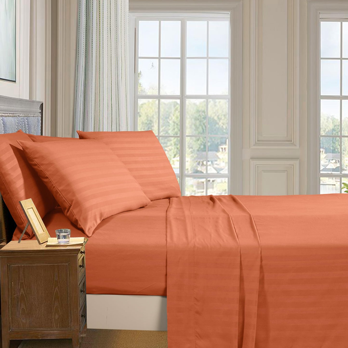 Elegant Comfort Luxury Soft Bed Sheets Dobby Stripe 1500 Premium Hotel Quality Microfiber Softness Wrinkle and Fade Resistant (4-Piece) Bedding Set, Twin XL, Stripe Cooper