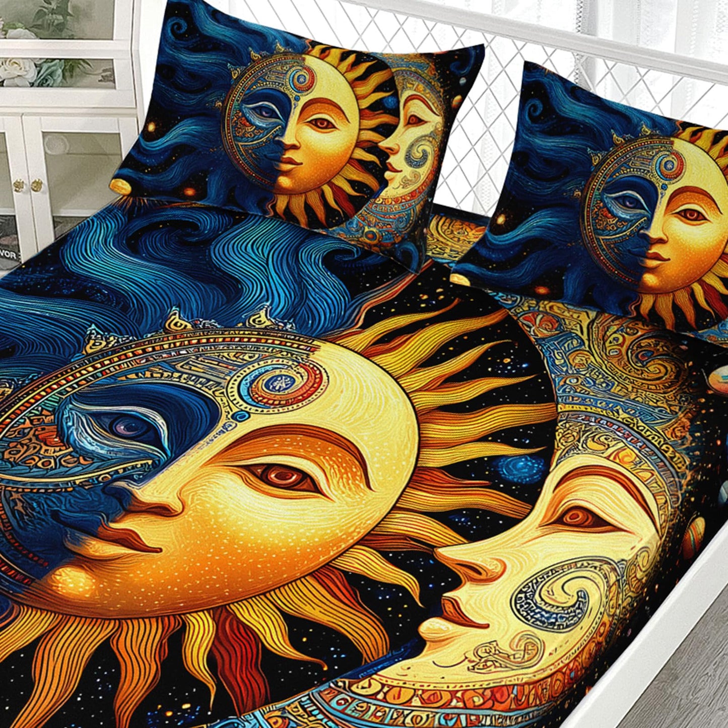 AILONEN Boho Sun and Moon Sheet Set,Celestial Galaxy Starry Space Kids Bedding Twin XL Size, All-Season Soft Microfiber Mandala Exotic Black Bed Sheets,3-Piece,1 Fitted Sheet + 1 Pillow Case