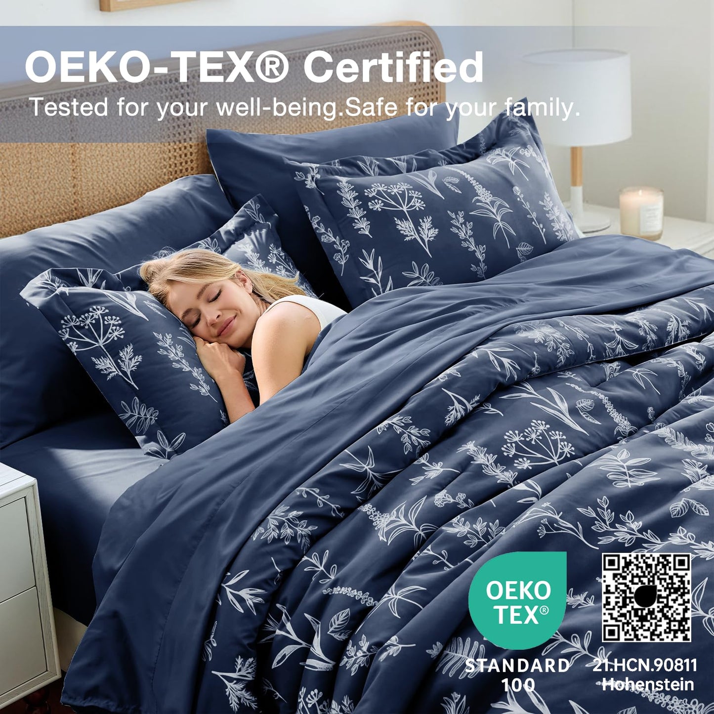 MUXHOMO Navy Blue Bed in a Bag Queen 7 Pieces, Queen Comforter Set Reversible Botanical Flowers Design, Ultra Soft & Breathable Bedding Sets with Comforter, Sheets, Pillowcases & Shams