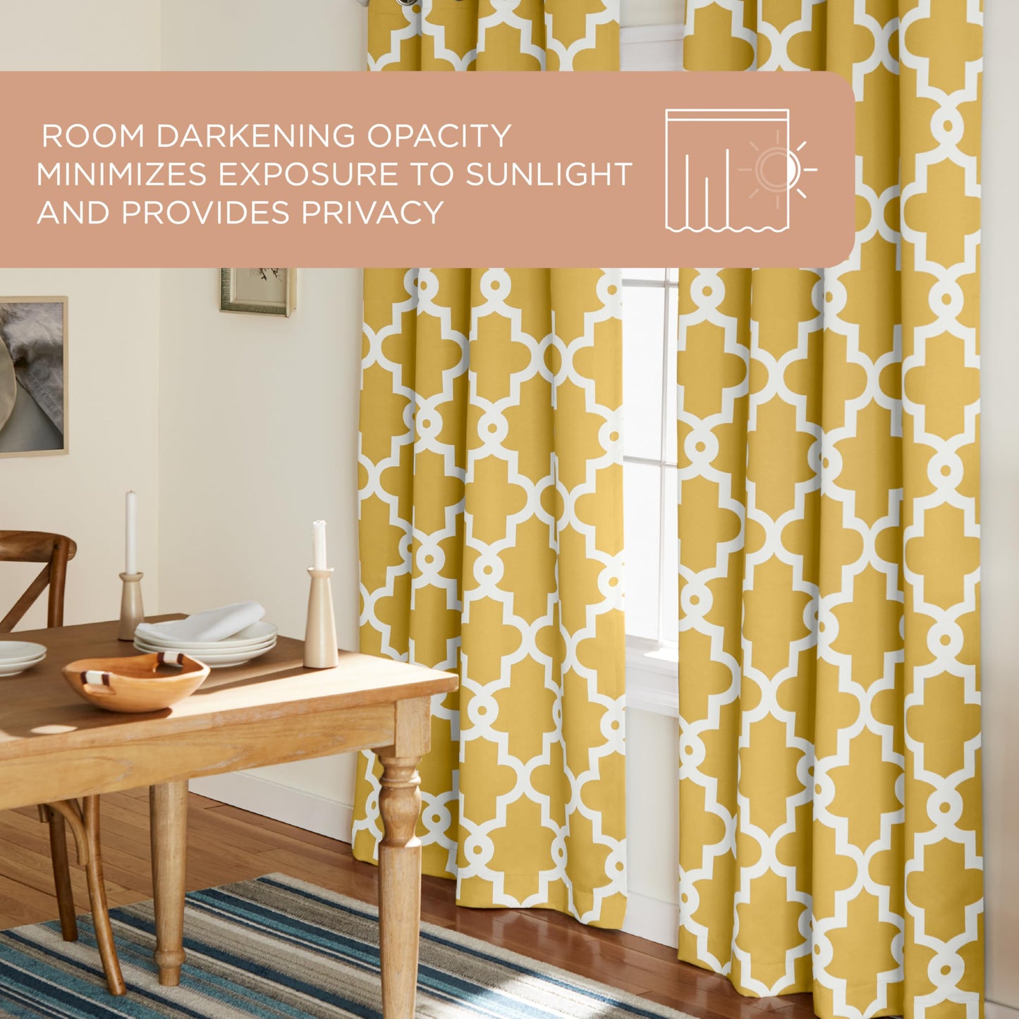 TOWN & COUNTRY EVERYDAY Ironwork Geo Trellis Sateen Indoor Curtains, Room Darkening Blackout, Grommet Top, Energy Efficient, 2-Pack Set, 52"x84", Sundress Yellow