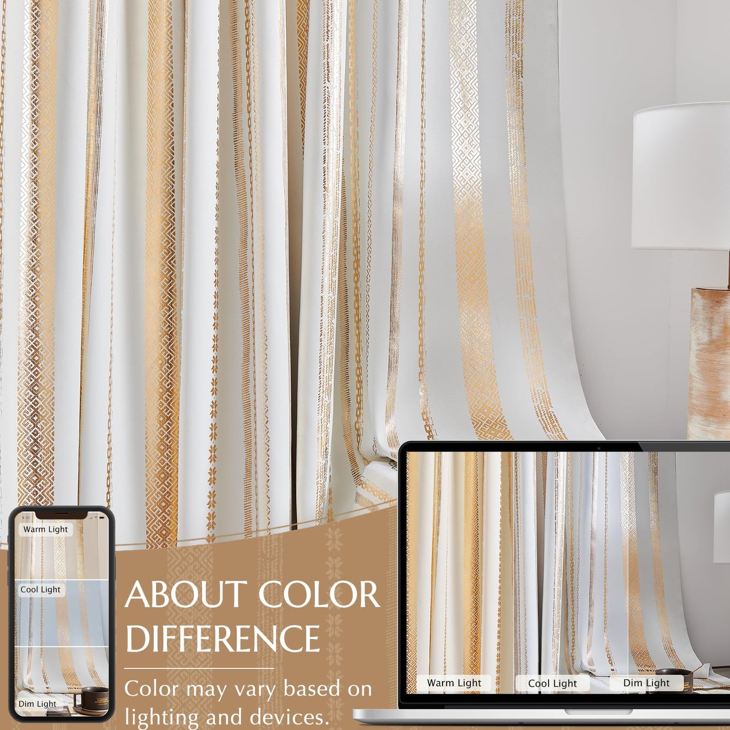 jinchan 100% Blackout Curtains 84 Inches Long for Bedroom, Boho Curtains Golden Geometric Foil Printed on Off White Back Tab Rod Pocket Holiday Room Darkening Drapes Farmhouse 2 Panels