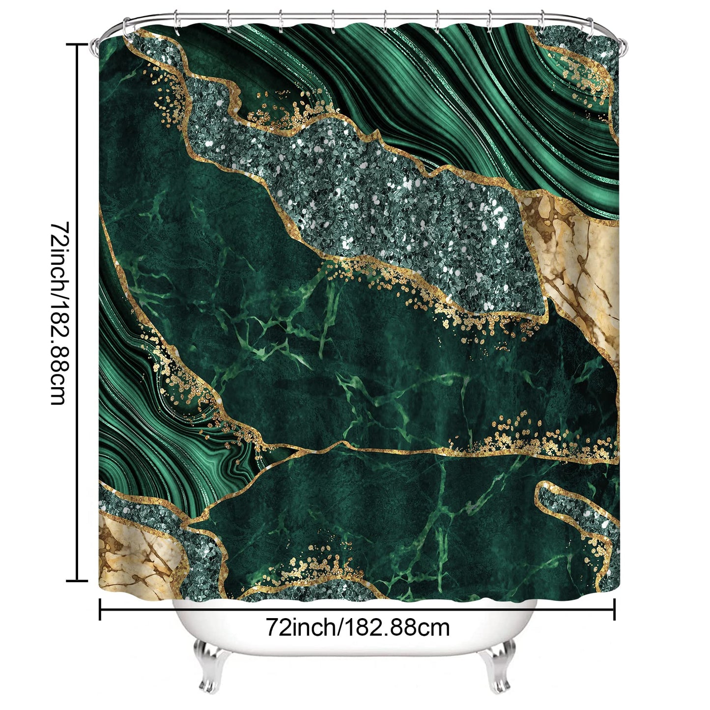 EMHOME 4PCS Marble Shower Curtain Sets, Modern Bathroom Sets With Toilet Lid Rug, Contour and Bath Mat, Luxury Bathroom Decor with 12 Hooks, 72 x 72 Inch, Green