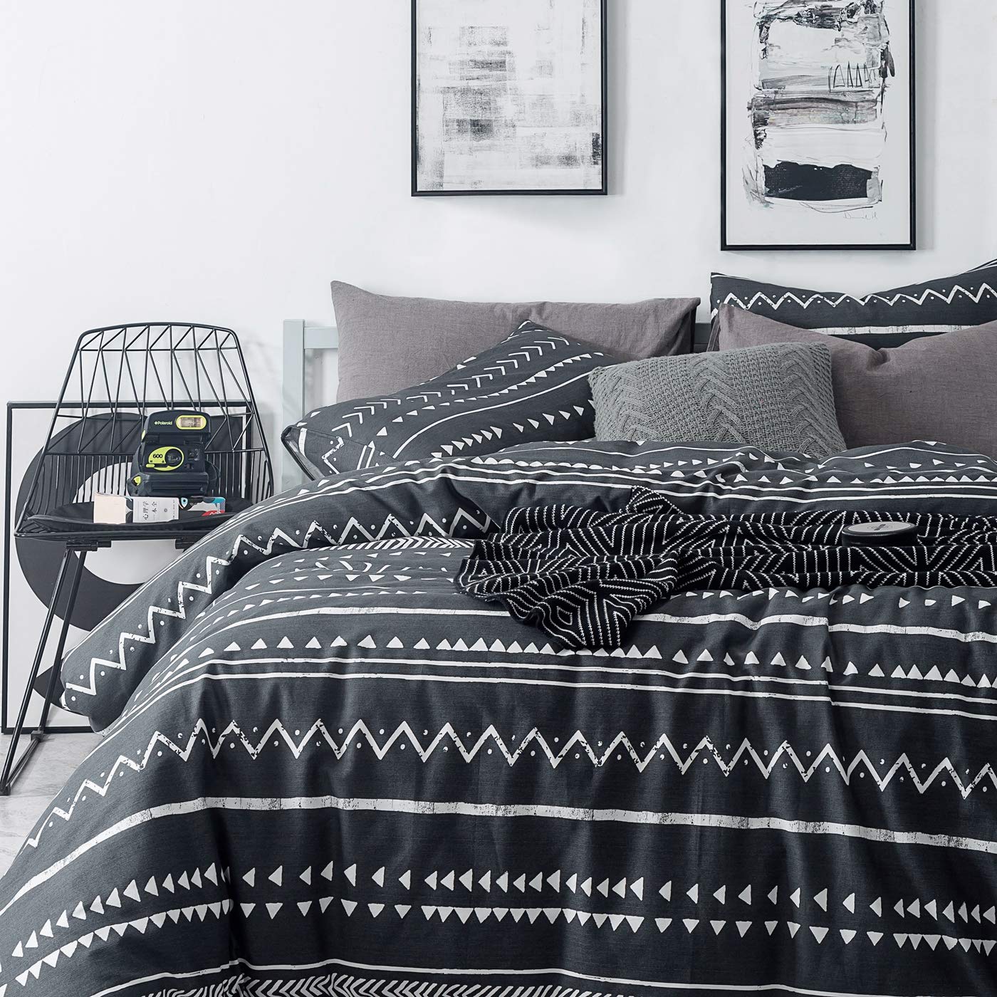 SUSYBAO Black White Boho Duvet Cover Queen 100% Cotton 3 Pcs Set 1 White Aztec Striped Duvet Cover with Zipper Ties 2 Pillowcases Southwestern Bohemian Triangle Geometric Bedding Set Soft
