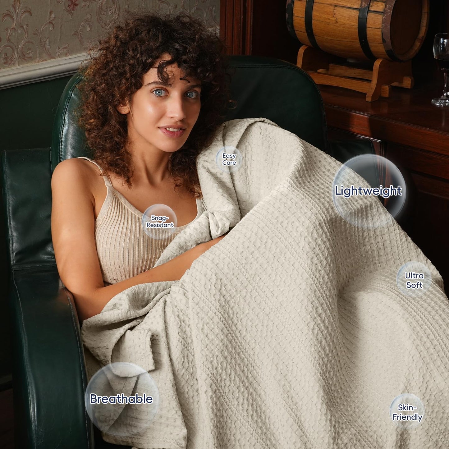 PHF Lightweight Waffle Weave Blanket Queen Size 90"x 90", Soft Woven Summer Blanket for Hot Sleepers - Aesthetic Home Decor for Couch Bed Sofa, Pet Friendly, Natural/Linen