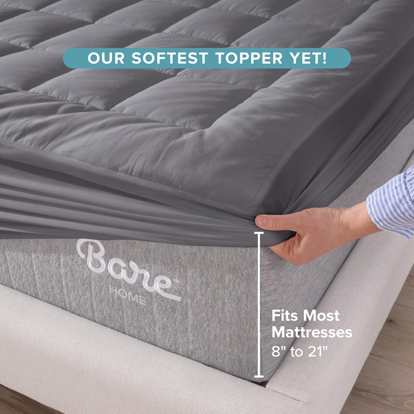 Bare Home Mattress Topper Cotton Top - Twin Extra Long - Plush Topper for Mattress - College Dorm Room Essentials - Cooling Breathable Air Flow - 8" to 21" Deep Pocket - Soft Bed Pad (Twin XL, Grey)