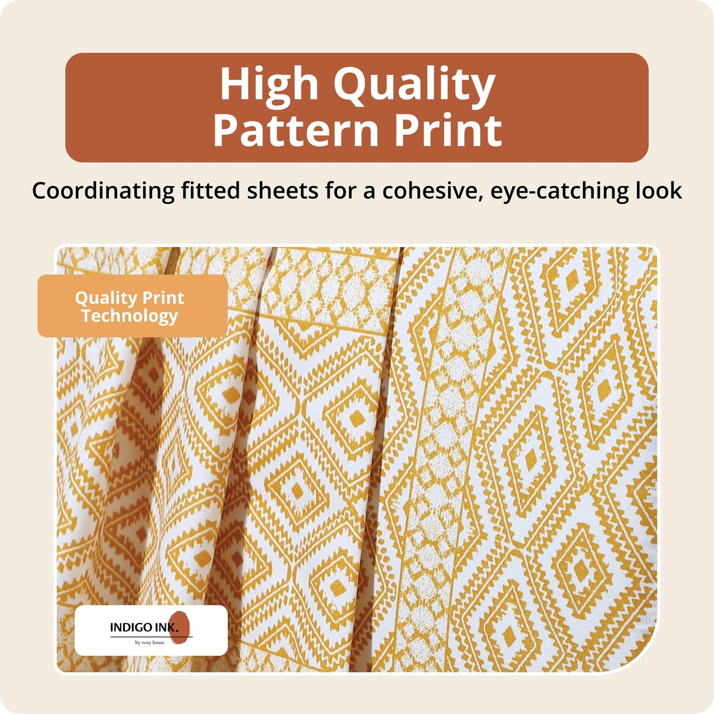 Indigo Ink Queen Size 4-Piece Sheet Set - Fitted & Flat Sheets & Pillowcases, Medium Weight, Soft & Breathable, Durable & Wrinkle Resistant, Deep Pocket Sheets, Tribal Jade Collection, Yellow